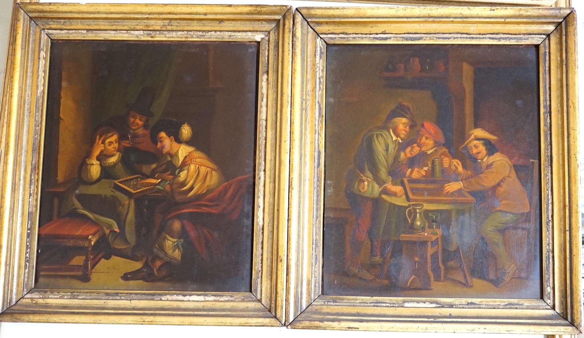 19th century German School, pair of oils on zinc panels, 17th century tavern scenes, 20 x 16cm